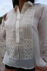 Closer look at hand embroidery of the custom jusi Andrelie Barong Tagalog