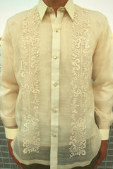 Product picture of the full button down custom hand embroidered piña silk Arland Barong Tagalog. Arland's arms and hands at his sides.