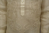 Closer look at the bottom part of the front hand embroidery on the piña silk Chris M Barong Tagalog. Also shown are the right and left sleeves
