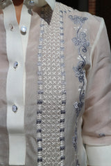 Closeup photo of the embroidery on the upper left portion of the jusi Rissa Barong Tagalog.
