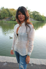 Amanda in her custom long sleeve hand embroidered jusi Barong Tagalog and jeans in Central Park in New York City