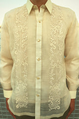 Product picture of the full button down custom hand embroidered piña silk Arland Barong Tagalog. Arland's arms and hands at his sides. 