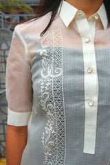 Closer look at right shoulder and upper chest part of hand embroidered cocoon Bianca Barong Tagalog with button placket, collar and right sleeve shown