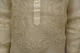 Closer look at the bottom part of the front hand embroidery on the piña silk Chris M Barong Tagalog. Also shown are the right and left sleeves